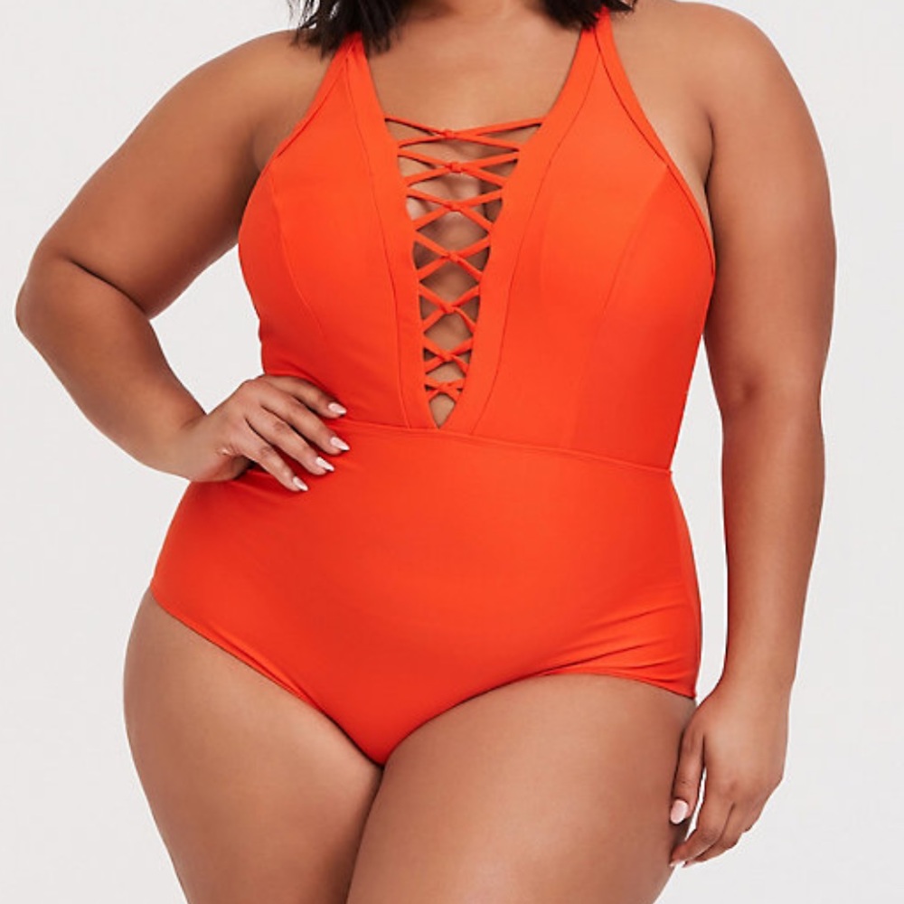 ORANGE DEEP-V LATTICE WIRELESS ONE-PIECE SWIMSUIT Torrid